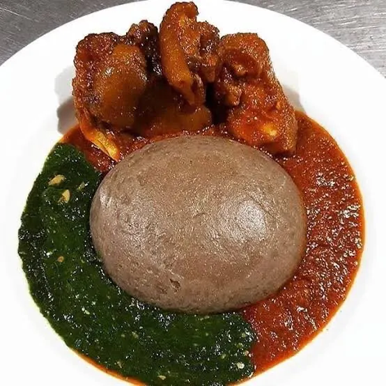 Amala with ewedu, gbegiri and stewed chicken