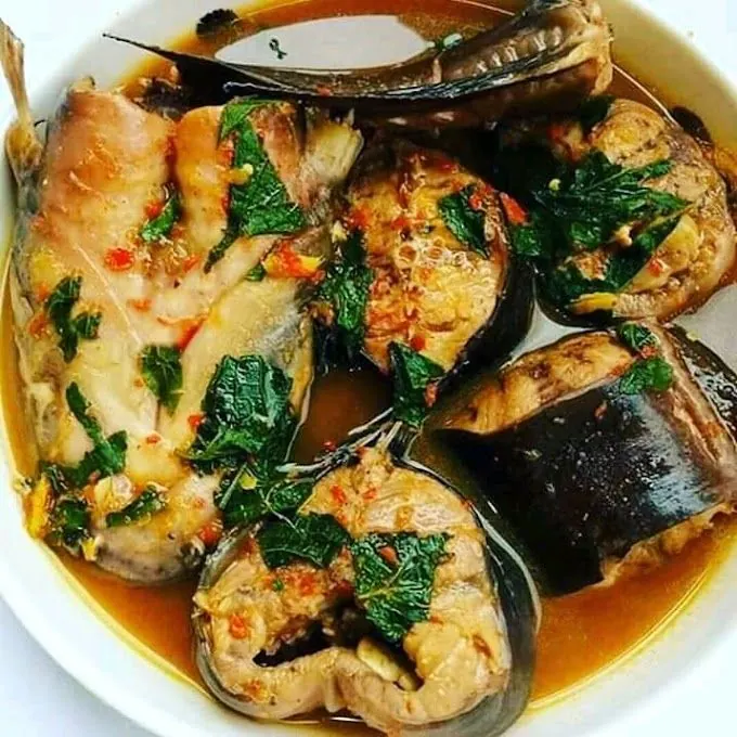 Catfish simmered in a red pepper stew with garden egg and greens
