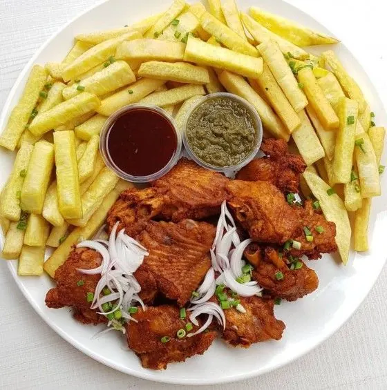 Fried chicken and chips with dipping sauces