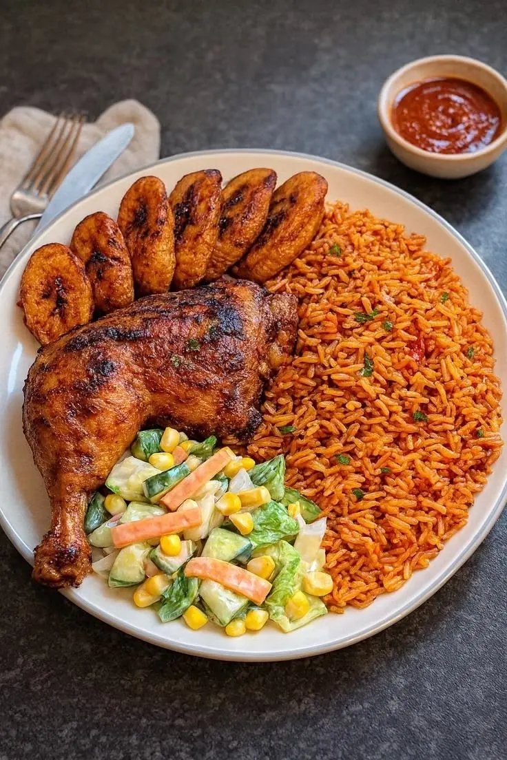 Party jollof rice with grilled chicken, fried plantain and a side salad