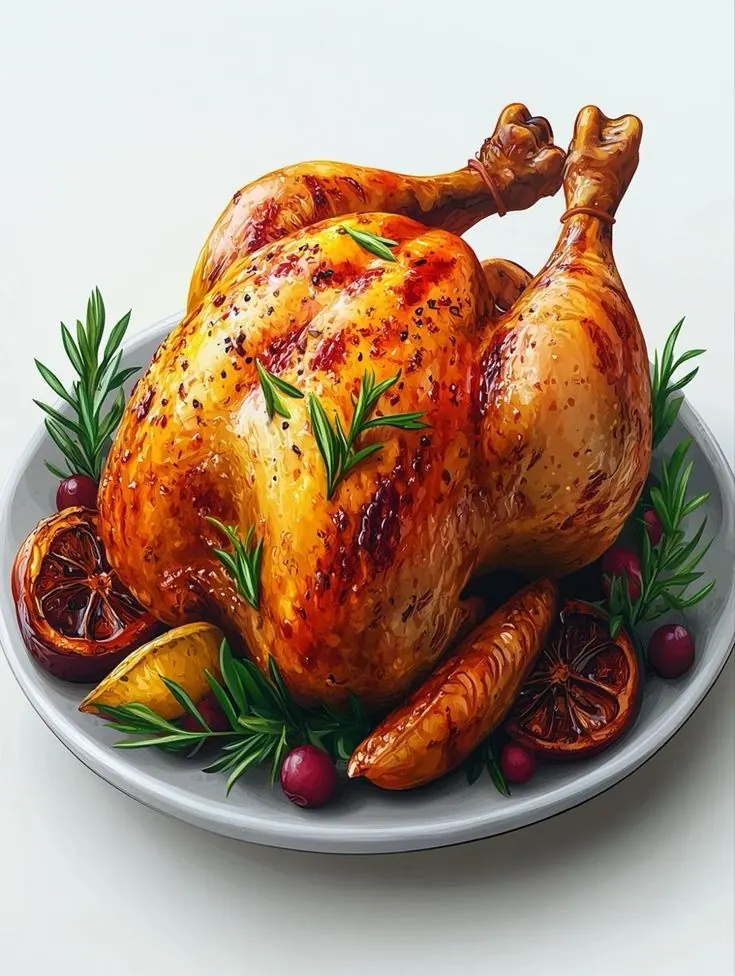 Whole roast chicken resting on a platter with herbs and citrus