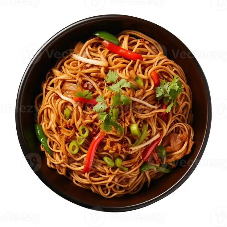 Stir-fried noodles tossed with peppers and spring onion